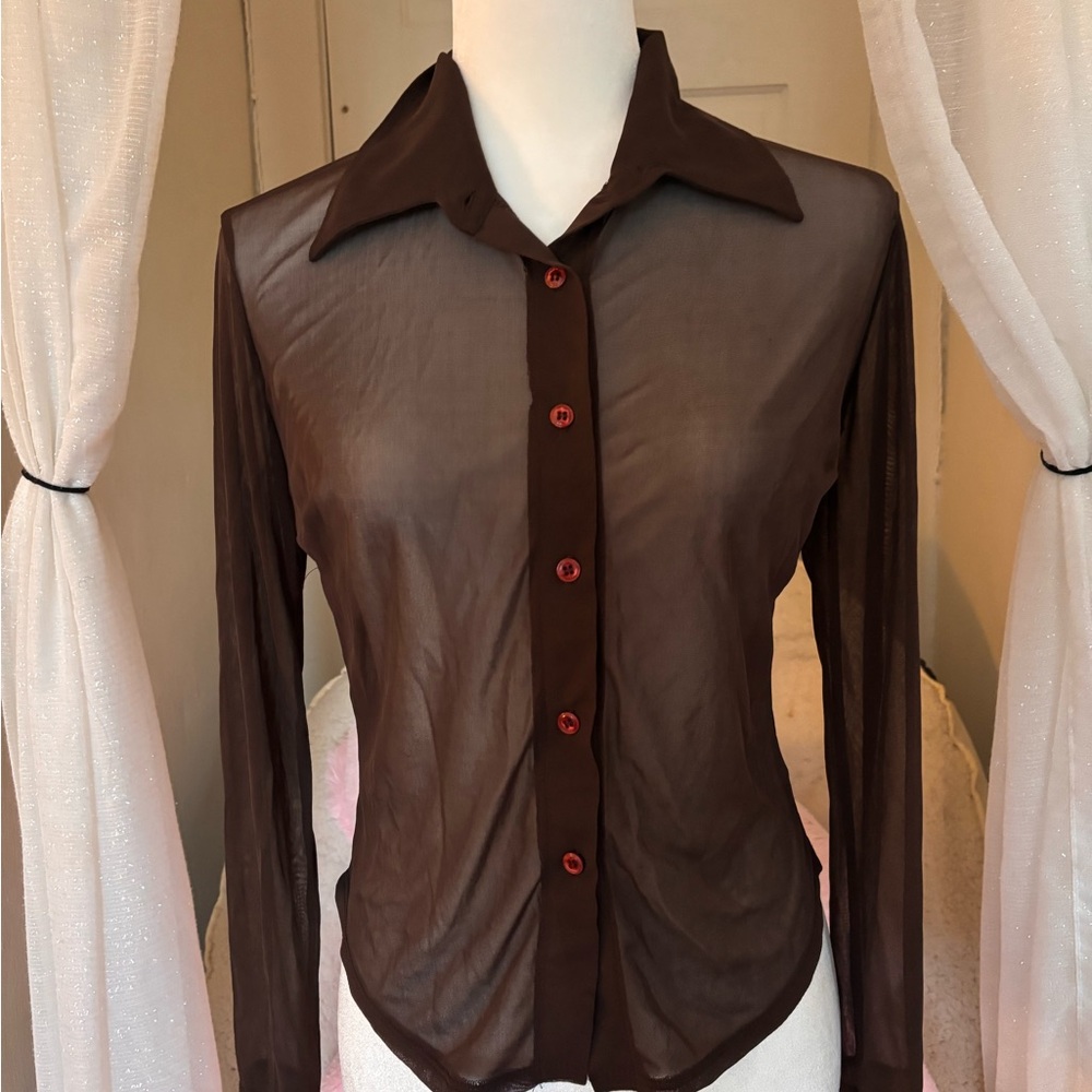 XOXO Sheer Chocolate Button-Down Shirt with Red Accents